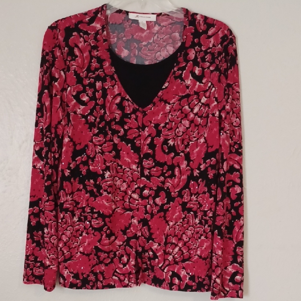 JM Collection Pink and Black Floral Blouse